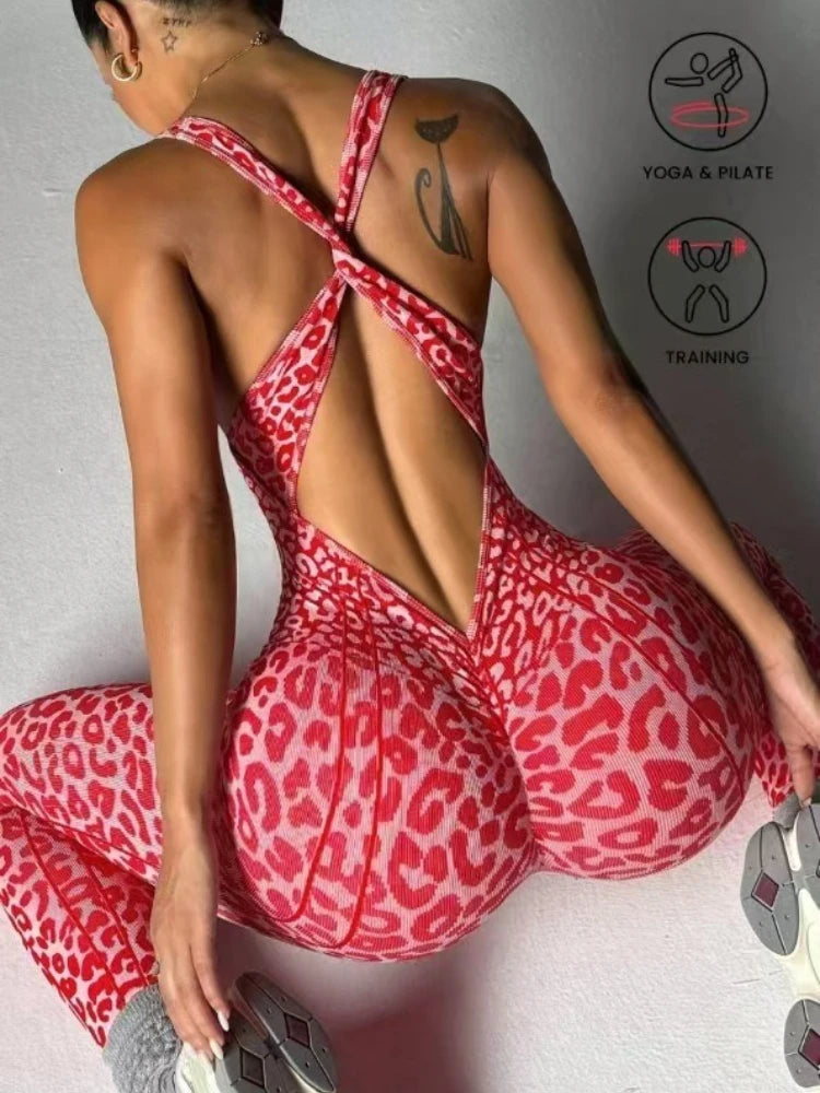 Leopard Print Backless Yoga Jumpsuit