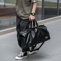 Vintage Leather Travel Duffel Bag - Waterproof Weekend Gym Tote with Shoe Pouch
