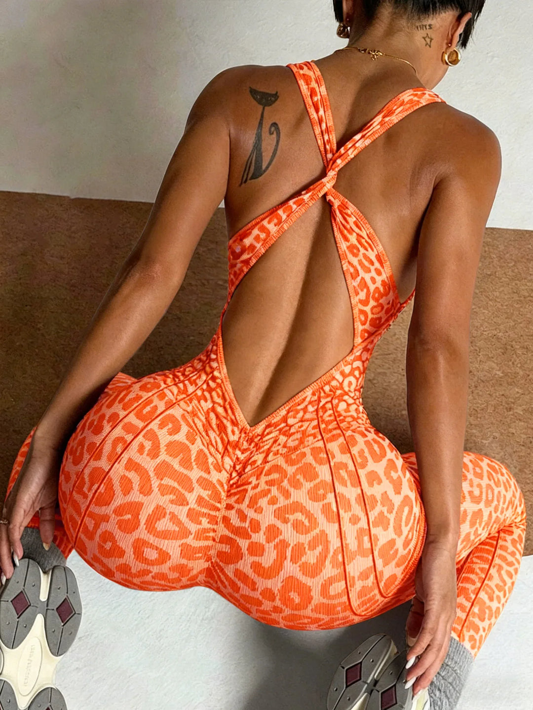 Leopard Print Backless Yoga Jumpsuit