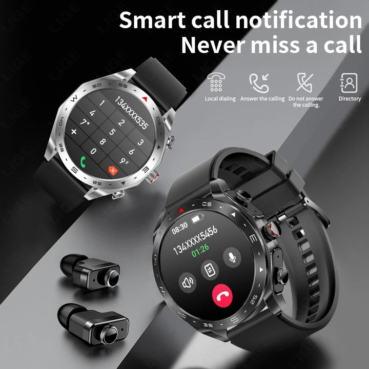 AMOLED Smart Watch with Earbuds - Bluetooth Fitness Watch for Music &amp; Training