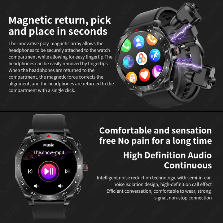 AMOLED Smart Watch with Earbuds - Bluetooth Fitness Watch for Music &amp; Training