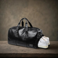 Vintage Leather Travel Duffel Bag - Waterproof Weekend Gym Tote with Shoe Pouch